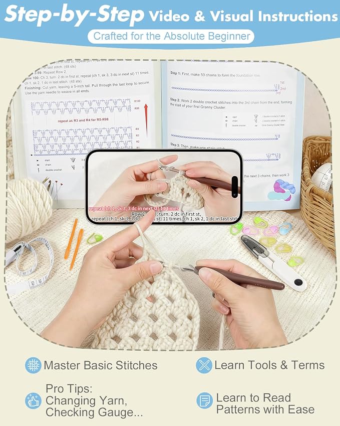Arborthread Crochet Kit for Beginners, Easy All-Season Pocket Shawl & Scarf Crochet Kit for Adults w/Ample Premium Yarn to Fit Different Sizes, Step-by-Step Video & Instructions, Light Khaki