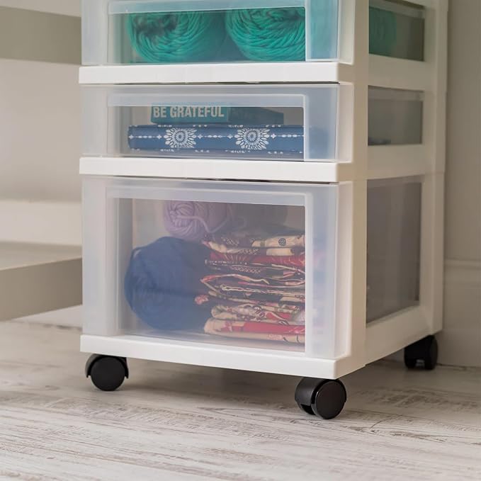 IRIS USA 5-Drawer Rolling Storage Cart with Organizer Top, White/Clear