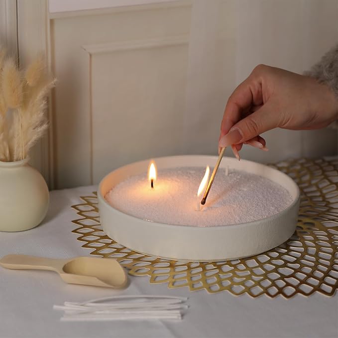 LAMORGIFT 2LB Candle Sand- White Candle Beads, Sand Wax, Pearled Candles with Wicks (10 Pcs) & Wooden Spoons, Candles Unscented for Powder Candle Making, Refill Kit