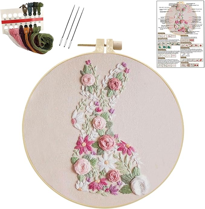 YOUDRN Bunny in Bloom Embroidery Kit for Beginners, Bunny Embroidery