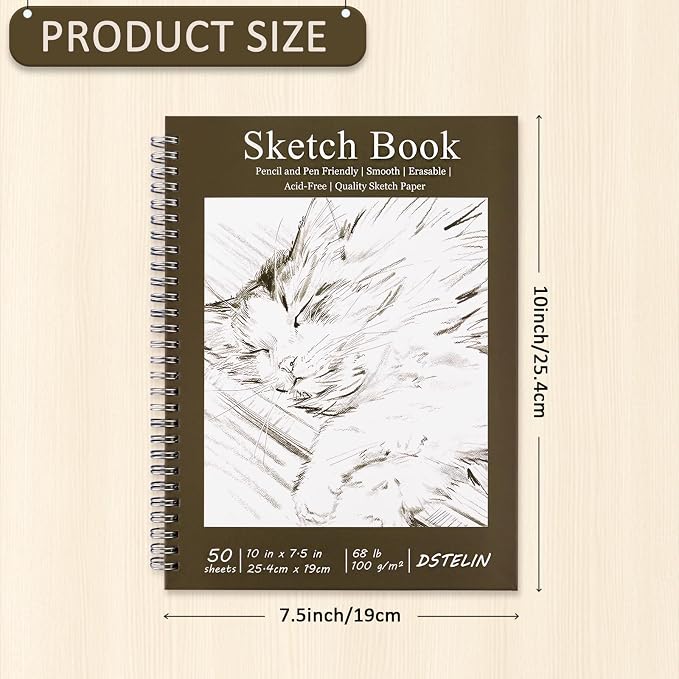 DSTELIN 10 x 7.5 Inch Sketch Book for Drawing, 50 Sheets 100GSM Acid-Free Thick Paper, Mix Media Spiral Bound Sketch Pad for Pencil and Pen