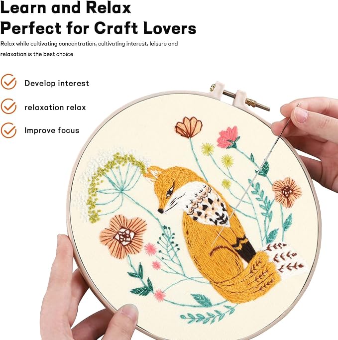 Beginner Fox Embroidery Kit for Adults, Pre-Printed with Video Tutorial