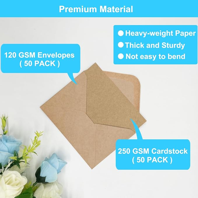 Blank Cards and Envelopes 5x7 inches, 50 Pack Brown Blank Note Cards Greeting Card and Envelope Set, Folded Cardstock with Envelopes for DIY Greeting Card, Thank You Card, Invitations