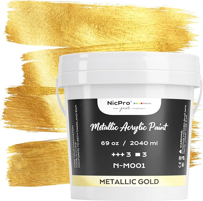 Nicpro Metallic Gold Acrylic Paint, 69oz/2040ml Large Gold Leaf Paint | Non Toxic, Non Fading Craft Paints for Metal, Wood, Clay, Fabric, Canvas, Furniture, Handcrafts, Art Supplies