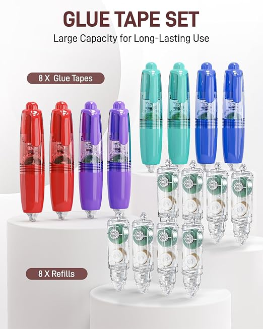 16 Pack Retractable Double-Sided Tape Roller with Glue Dots, Refillable Acid-Free Scrapbook Tape, 360° Rotatable Tip for Gift Wrapping, Photos & DIY Crafts, Office & School Supplies