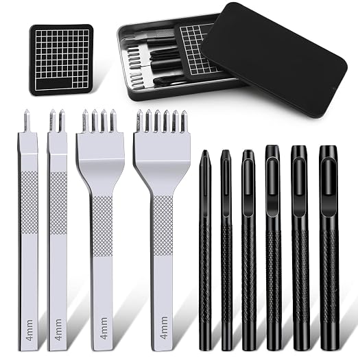 Leather Stitching Punch Hole Punch Tool Set, 4mm 1/2/4/6 Prong Punch Chisel