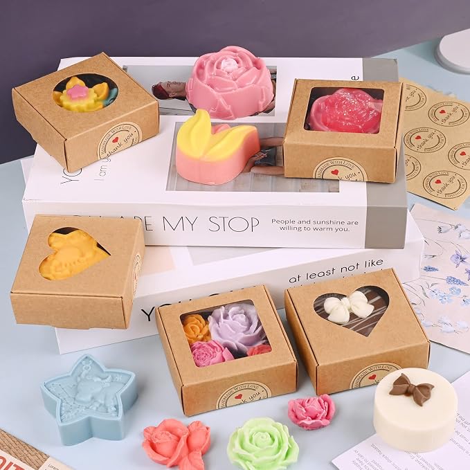 Moukiween Soap Boxes for Homemade Soap, Soap Packaging Gift Box with Window | 2.95 X 2.95 X 1.18 Inch Soap Packaging Gift boxes Brown with Window, Small Square Soap Wrapping Boxes (30PCS)