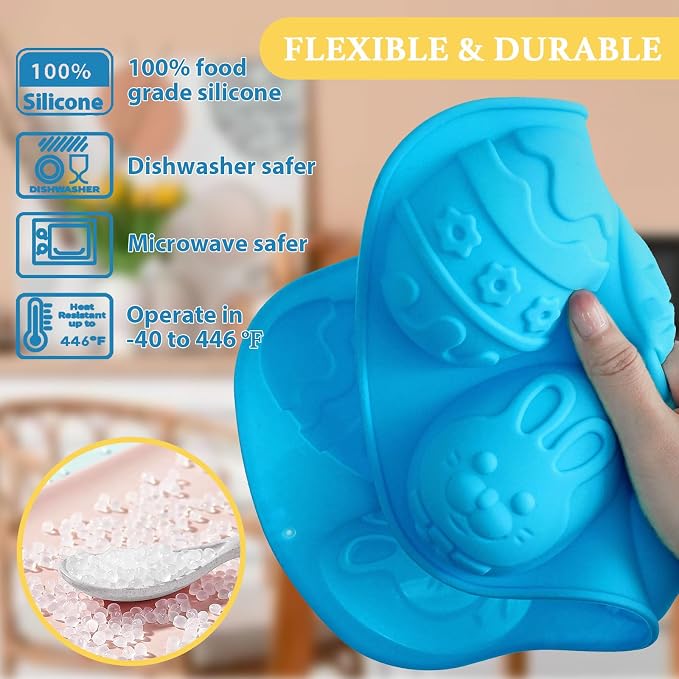 Egg Shape Silicone Molds 3.5 Inch, 2-Pack Chocolate Baking Holiday Easter Mould, Non-Stick BPA Free, Kid-Friendly Soap Mold Rabbit & Floral Designs, Blue & Pink