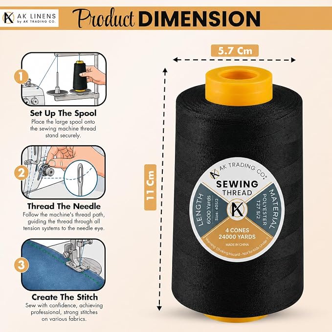 AK Trading 4-Pack Black All Purpose Sewing Thread Cones (6000 Yards Each) of High Tensile Polyester Thread Spools for Sewing, Quilting, Serger Machines, Overlock, Merrow & Hand Embroidery.