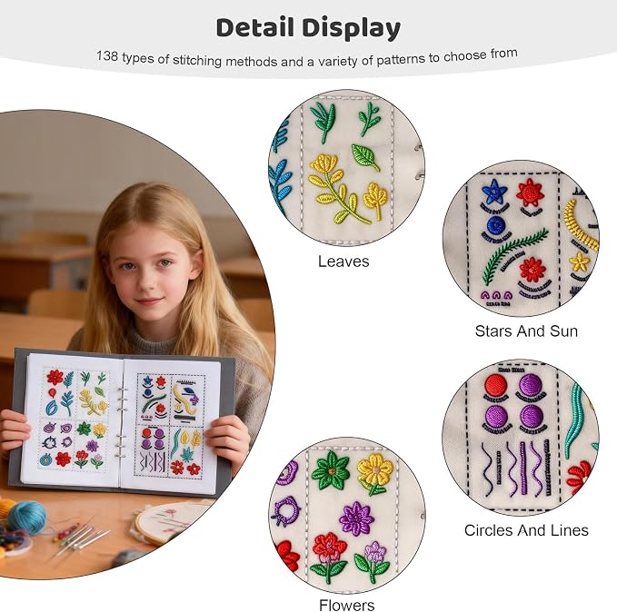 Vipxsa Embroidery Stitch Book Kit for Beginners, 138 Patterns with Embroidery Hoop & 87 PCS Tools, Portable Loose-Leaf Beginner Embroidery Kit Hand Embroidery Starter Kit for Adults DIY Craft Lovers