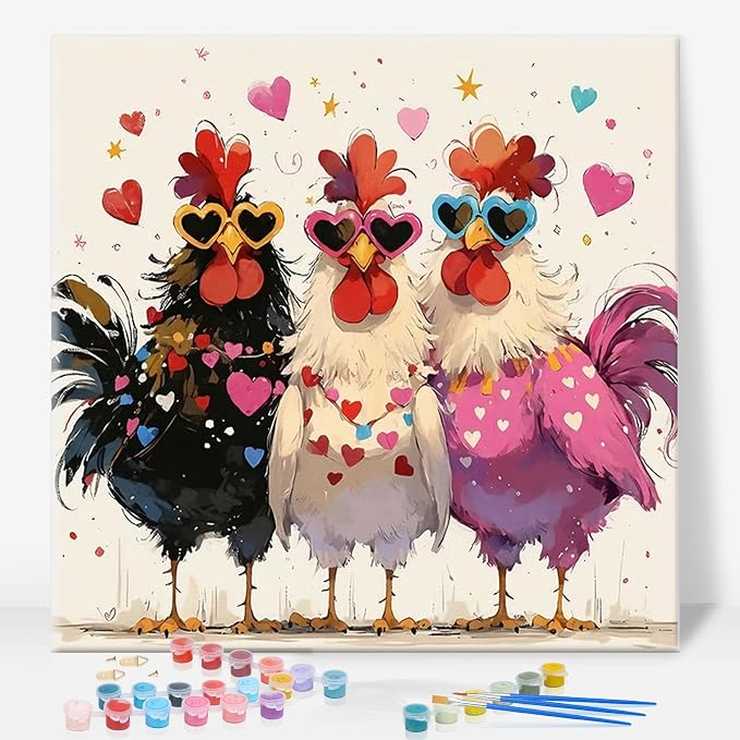 Framed Paint by Numbers Kit for Adults, Funny Chickens, 10 x 10 Inch | DIY Adult Paint by Number Kit for Beginners, Farmhouse Wall Decor, Stress Relief Craft Gift, Creative Hobby