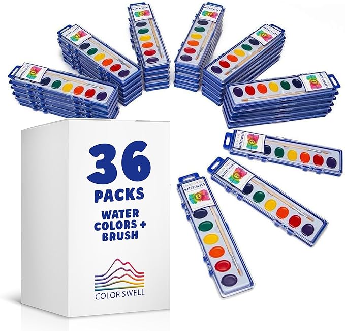 Color Swell 8 Color Bulk Watercolors with Wood Brushes, 36 Pack