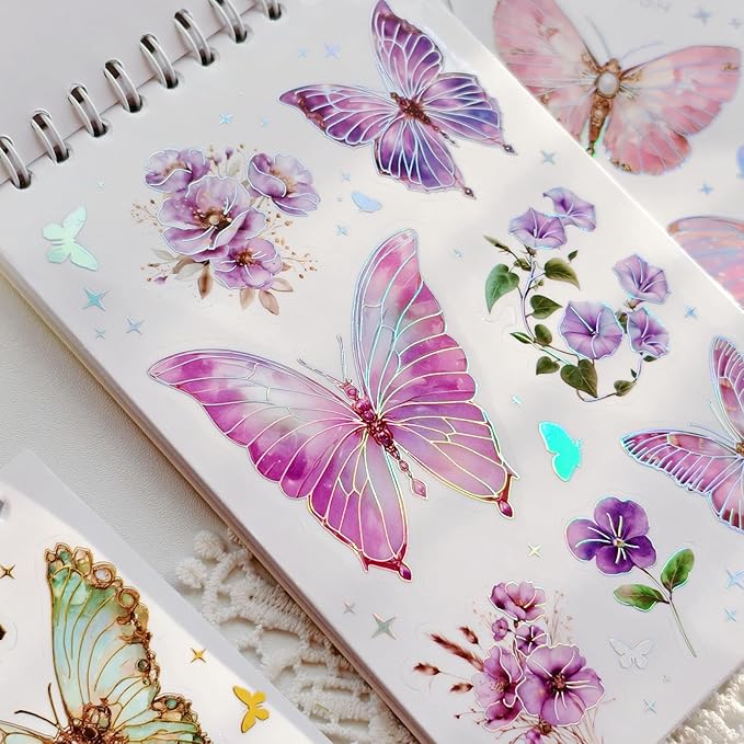 Flower and Butterfly Sticker Book, 30 Sheets 300+ Pcs, PET Material with Gold and Holographic Foil, for Planner Scrapbooking Journaling Card Making