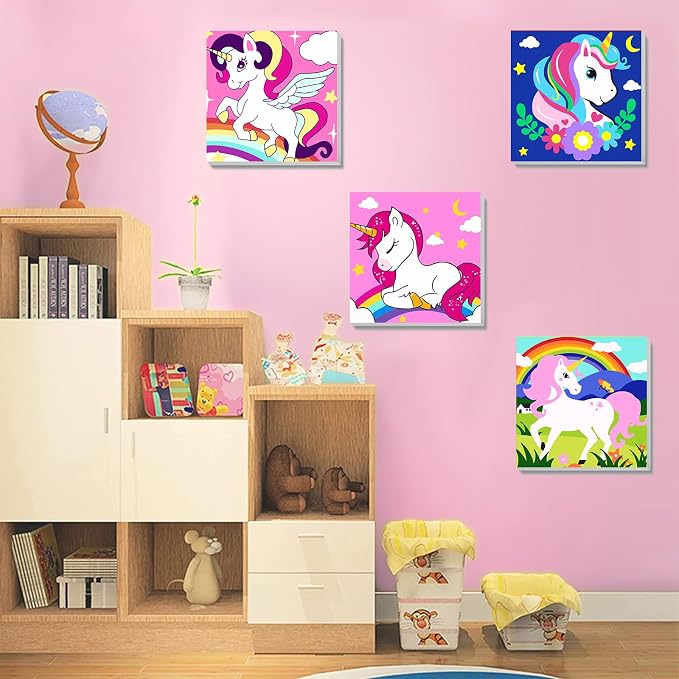4 Pack Cartoon Paint by Number for Kids with Wooden Frame - Wooden Easel | Paint by Numbers for Kids Ages 4-8-12, Easy Painting with Numbers DIY Oil Painting Kits for Home Wall Decor (8X8 inch)