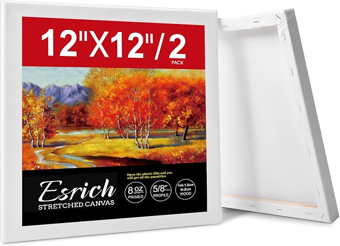 ESRICH Stretched Canvas for Painting 12x12 Inch, 2 Pack Blank Canvas -5/8 in Profile Primed Cotton White Canvases for Painting for Oil & Acrylic Paint