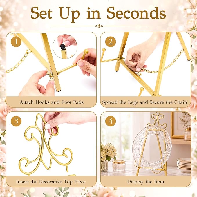 Pinkunn 19.1" H x 8.6" W Vintage Gold Metal Tabletop Easel Stand for Sign Display, Picture Holder for Wedding Table Decorations Art Stand for Painting Photos Books and Decorative Plates Pretty Easel