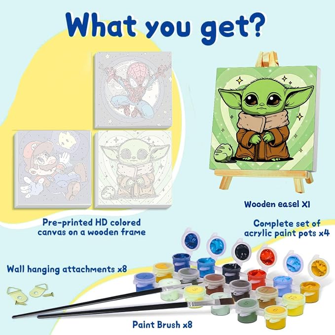 3 Pack Cartoon Paint by Numbers Kit for Kids with Frame Wooden Easel | Cute Kids Paint by Numbers Ages 4 8 12, DIY Acrylic Oil Painting for Home Wall Decor (8x8 inch)