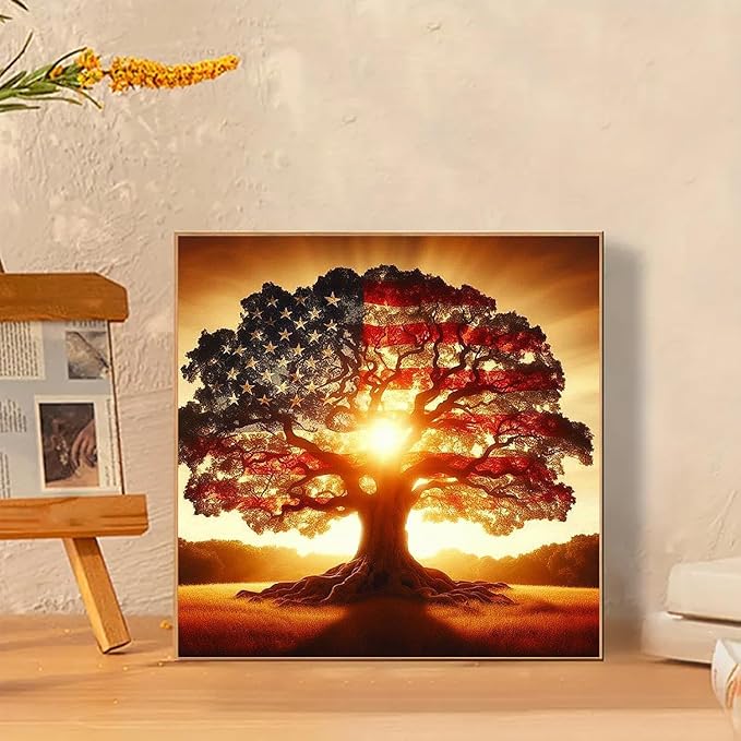 JXDXDJ 5D Diamond Painting Kits for Beginners,Ancient Tree Full Drill Diamond Art Kits for Adults,DIY American Flag Round Diamond Dots for Adults Crafts,Gem Painting Home Wall Decor 13.78x13.78 Inch