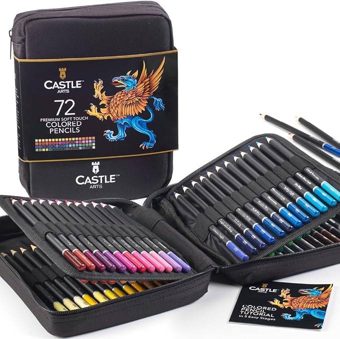 Castle Art Supplies 72 Colored Pencils for Adults - Professional Quality | For artists, professionals, and adult colorists - rich, creamy, soft core leads - sturdy zipper case for easy carrying