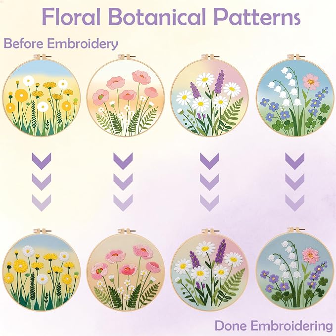 Louise Maelys 4 Pack Watercolor Floral Embroidery Kit for Beginners