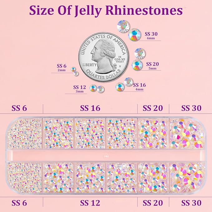Resin Jelly Rhinestones for Crafting with B7000 Jewelry Glue, 1 Box Transparent AB Flatback Crystal with 3Pcs 10ml Glue, Bedazzling Non Hotfix Gems for DIY Tumblers Clothing Shoes Manicure