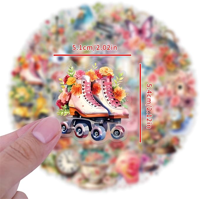 55Pcs Vintage Watercolor Floral Stickers,PET Transparent Flowers Sticker Waterproof Decorative Decals for Journaling, Decoupage, Planners, laptops, Phone Case, Gift & Card Making(Colourful-F1)