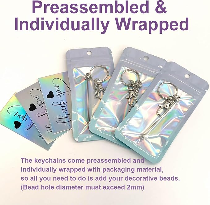 42/84/126 Pcs Beadable Keychain Bars Bulk Blank DIY Beaded Keychain Making Supplies with Bag Thank You Card