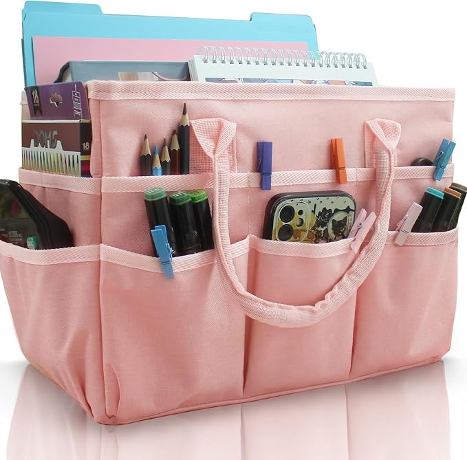 Cupohus Craft Organizer Bag, Pink Art Supply Tote with Multiple Pockets