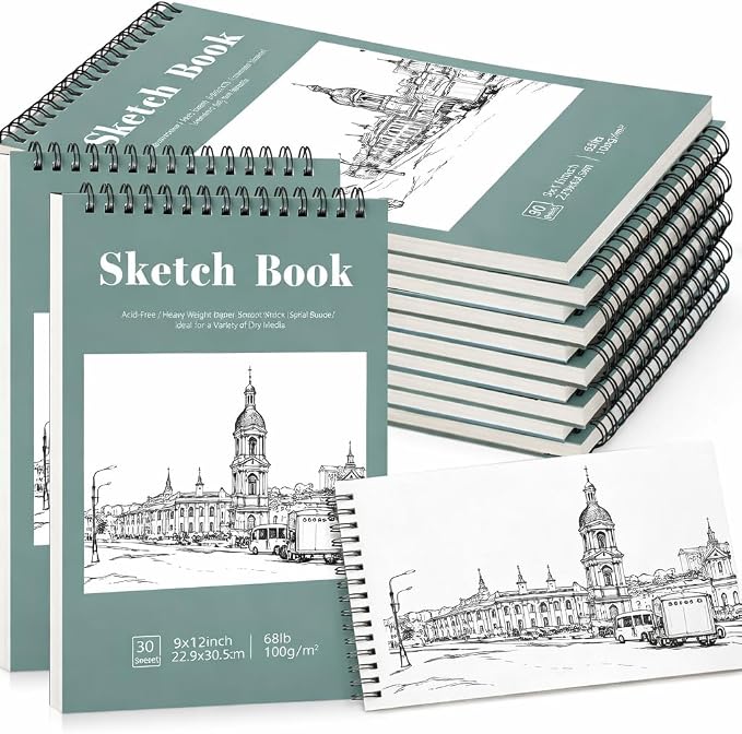 12 Pack Sketch Books 9 × 12 in, Top Spiral, 30 Sheets, Acid Free Paper | 100gsm Paper, Hardcover with Rigid Backboard, Lay-Flat Top Spiral, for Pencil, Charcoal, Ink & Sketching