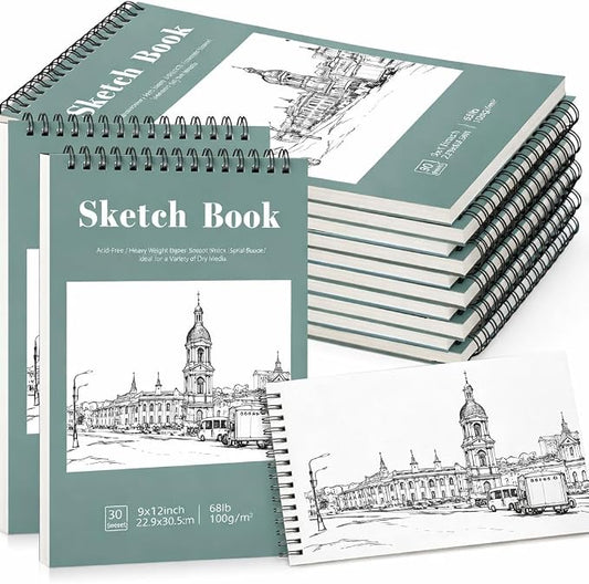 12 Pack Sketch Books 9 × 12 in, Top Spiral, 30 Sheets, Acid Free Paper | 100gsm Paper, Hardcover with Rigid Backboard, Lay-Flat Top Spiral, for Pencil, Charcoal, Ink & Sketching
