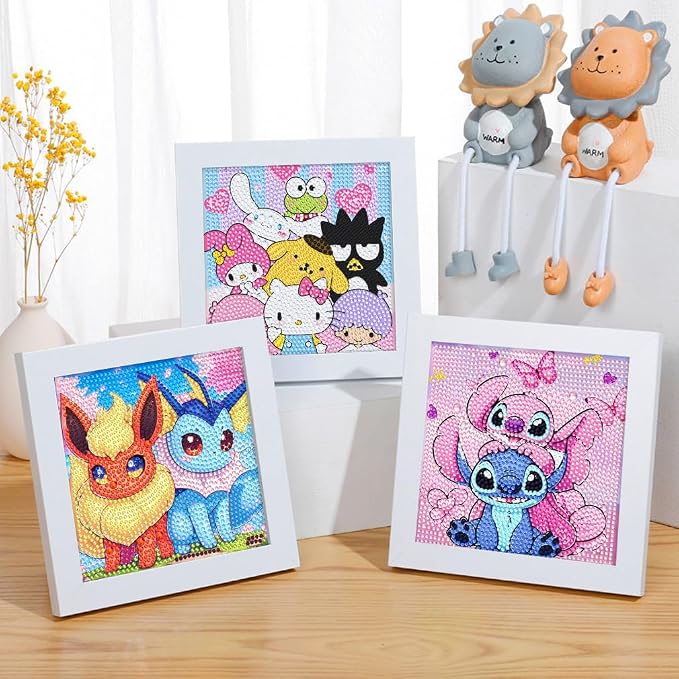 Fuinkqe Diamond Art Kits for Kids with Wooden Frame, Cartoon Diamond Art for Kids Ages 4-8-12, Diamond Art Painting Mosaic Kits for Gift Home Wall Decor (7x7 inch)