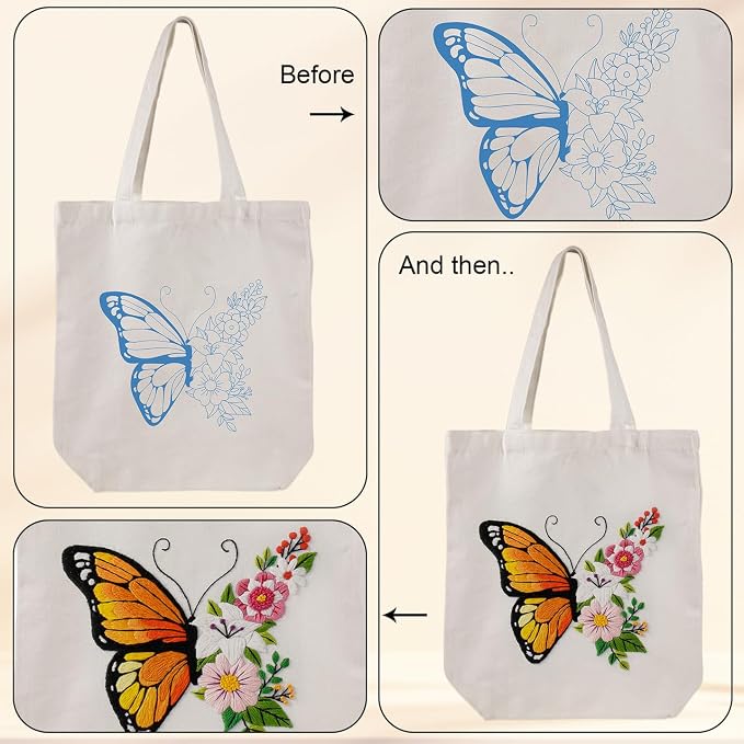 Louise Maelys Embroidery Kit Canvas Tote Bag for Beginners with Butterfly