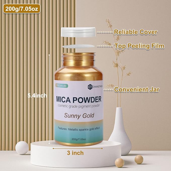 Mica Powder,7.05OZ（200g）,Sunny Gold Mica Powder Pigment for Epoxy Resin，Lip Gloss，Paint，Dye，Soap Making，Nail Polish,Candle Making,Bath Bombs(Sunny Gold)