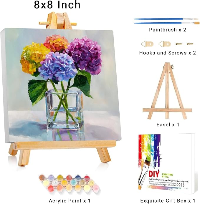 Framed Paint by Numbers Kit for Adults Beginner & Kids Ages 8-12 Flowers Adult Paint by Number Kits on Canvas with Easel Floral Painting by Numbers for Adults with Frame DIY Painting Kits 8x8 Inch