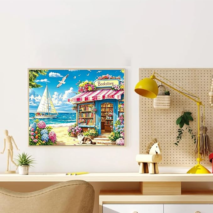 Bookstore Paint by Numbers for Adults, Paint by Number 16x20 inch | Seaside Paint by Numbers Kit for Adults, Summer Acrylic Painting by Numbers for Gift Home Wall Decor (without Frame)