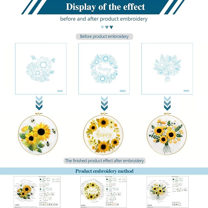 Zhenqing Sunflower Embroidery Kit 3 Designs | 11.4"x11.4" Beginner-Friendly Hand Embroidery Set with Hoop & DMC Threads | DIY Home Wall Decor, Mindful Gift for Mothers Day C0005