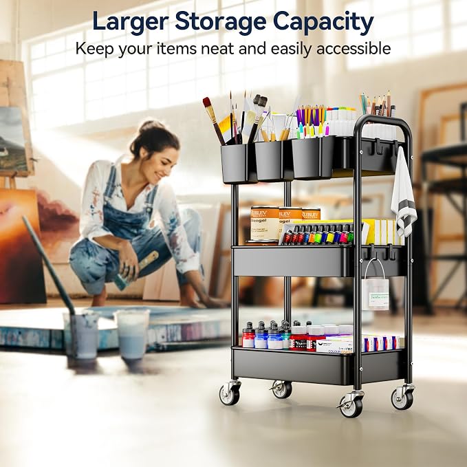 YASONIC 3 Tier Rolling Cart, Heavy Duty Metal Utility Cart with Wheel Black