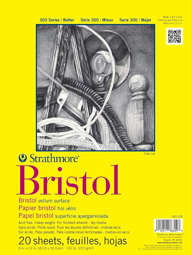 Strathmore 300 Series Tape Bound Bristol Pad, 100 lb. Vellum Surface, 9 X 12 inches, White, 20 Sheets (342-109)