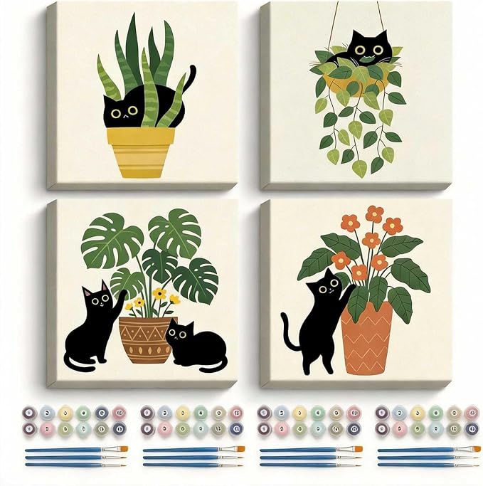Amphol Framed Paint by Numbers Kit for Adults - 10x10 Inch Easy 4 Pack Potted Cat Framed Canvas Paint by Number for Beginners, DIY Acrylic Oil Painting Kits with Frame for Home Wall Decor Gift
