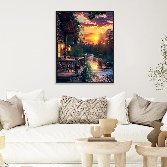 Paint by Numbers Kit for Adults, Sunset Cabin Number Painting Canvas Kit | DIY Acrylic Lake Painting Set for Beginners, Stress Relief Relaxing Craft, Home Wall Decor, Gift for Adults, 16x20 Inch