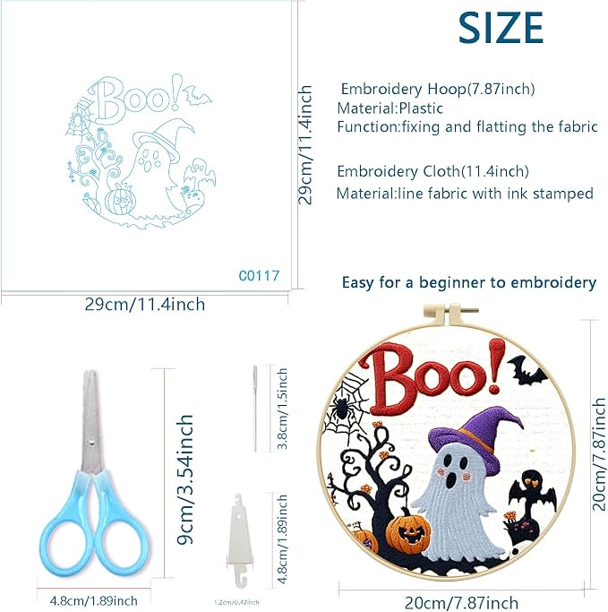 Zhenqing Halloween Ghost Embroidery Kit for Beginners, Cute Boo Needlework Kit with Pre-Printed Cotton Fabric, 20cm Hoop, Threads & Tools, Spooky DIY Wall Decor (C0117)
