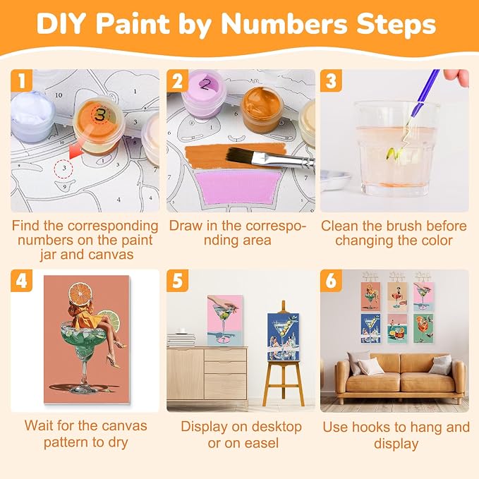 KEYIFA 6 Pack Paint by Numbers Kit, Stretched Canvas Boards for Painting for Adults, No Crease Acrylic Oil Painting for Students Beginners Favor Sip & Paint Party Supplies, 70s Retro Cocktail (8x12)