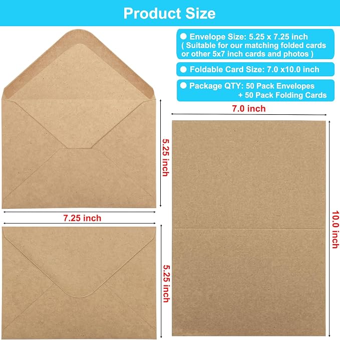 Blank Cards and Envelopes 5x7 inches, 50 Pack Brown Blank Note Cards Greeting Card and Envelope Set, Folded Cardstock with Envelopes for DIY Greeting Card, Thank You Card, Invitations