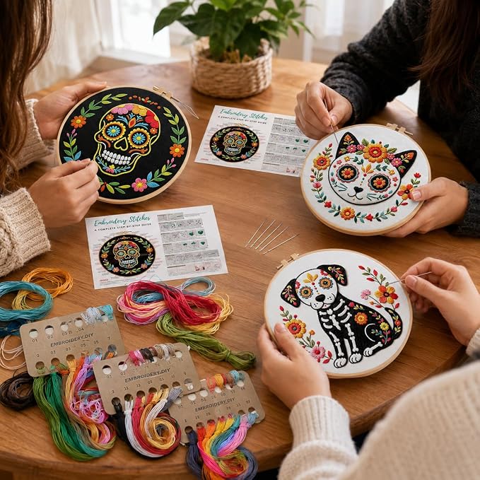 Nuberlic 3 Pack Sugar Skull Embroidery Kit for Beginners, Day of the Dead