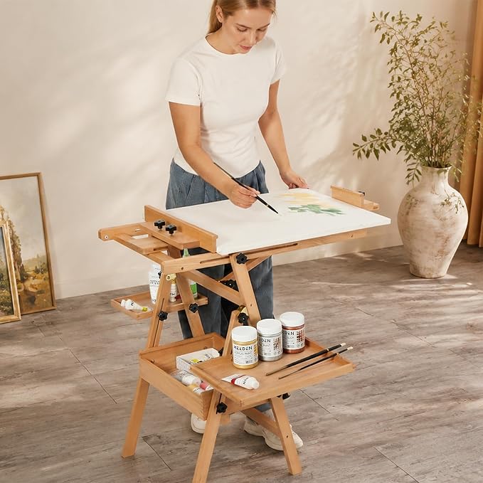 MEEDEN Painting Easel with Storage and Tray: H-Frame Beech Wood Art Easel | Easel Stand for Adults, Artists, Students, Beginners - Adjustable 50"-80" H, Holds Canvas Up to 47 Inches