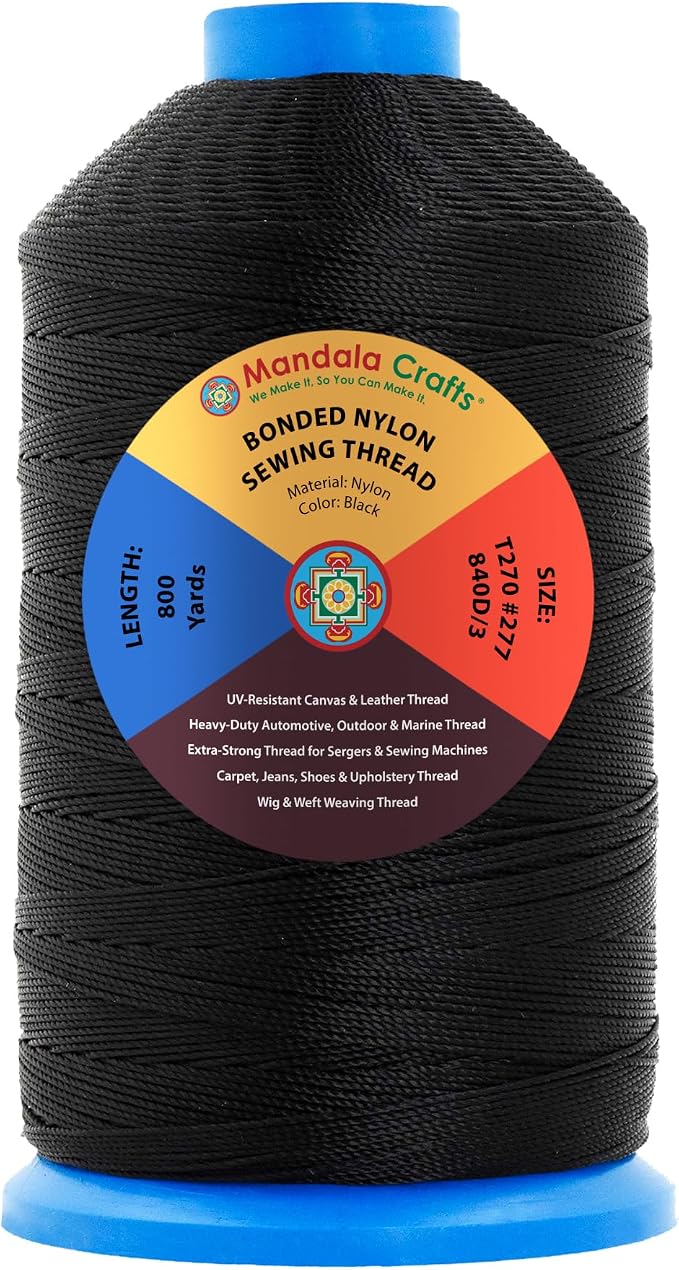 Mandala Crafts Size 277 840D T270 Black Bonded Nylon Thread, 800 YDs