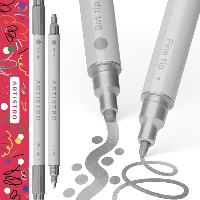 ARTISTRO Silver Dual-Tip Acrylic Paint Pens - Set of 2 | 5mm Dot + 1mm Fine Tips, Multisurface Markers, Perfect for Glass, Rock, Fabric, Wood, Plastic, & More