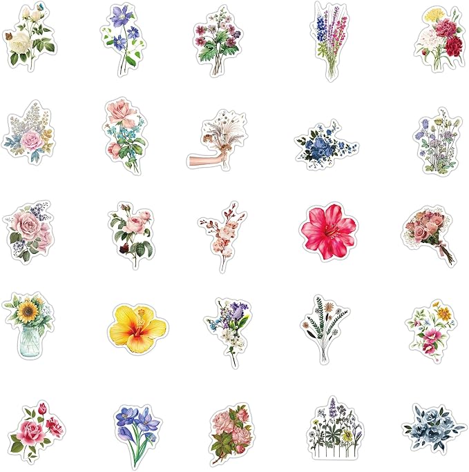 Flowers Vinyl Stickers 50 PCS, Botanical Aesthetic Waterproof Die-Cut Colorful Floral Sticker Pack for Journal Planner Notebook Scrapbook, Water Bottles Laptop Phone Case(Colourful-F11)