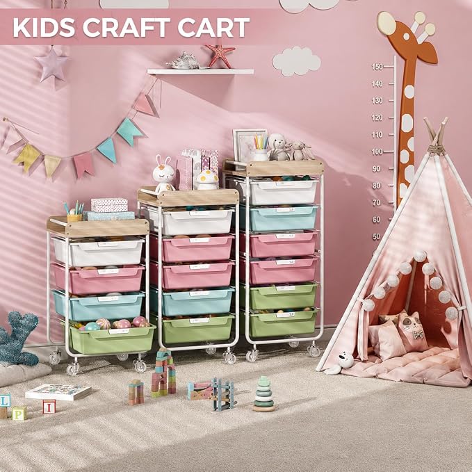 SYKIARIOL Rolling Craft Storage Cart with 4 Drawers,Kid Craft Cart,Colorful | Utility Cart with Drawers,Art Craft Organizers and Storage,Kids Art Cart With DIY Lable and Wooden Tabletop Area