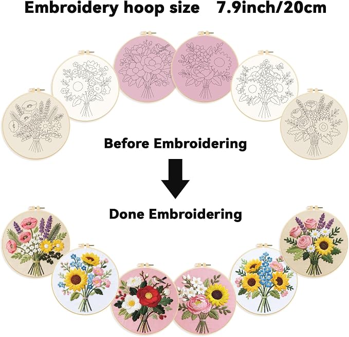 ORIGACH 6 Pack Flower Bouquet Embroidery Kits for Beginners, DIY Starter Hand Embroidery Kit with Sunflower Rose Lavender Patterns and Instructions for Adults Women Crafting